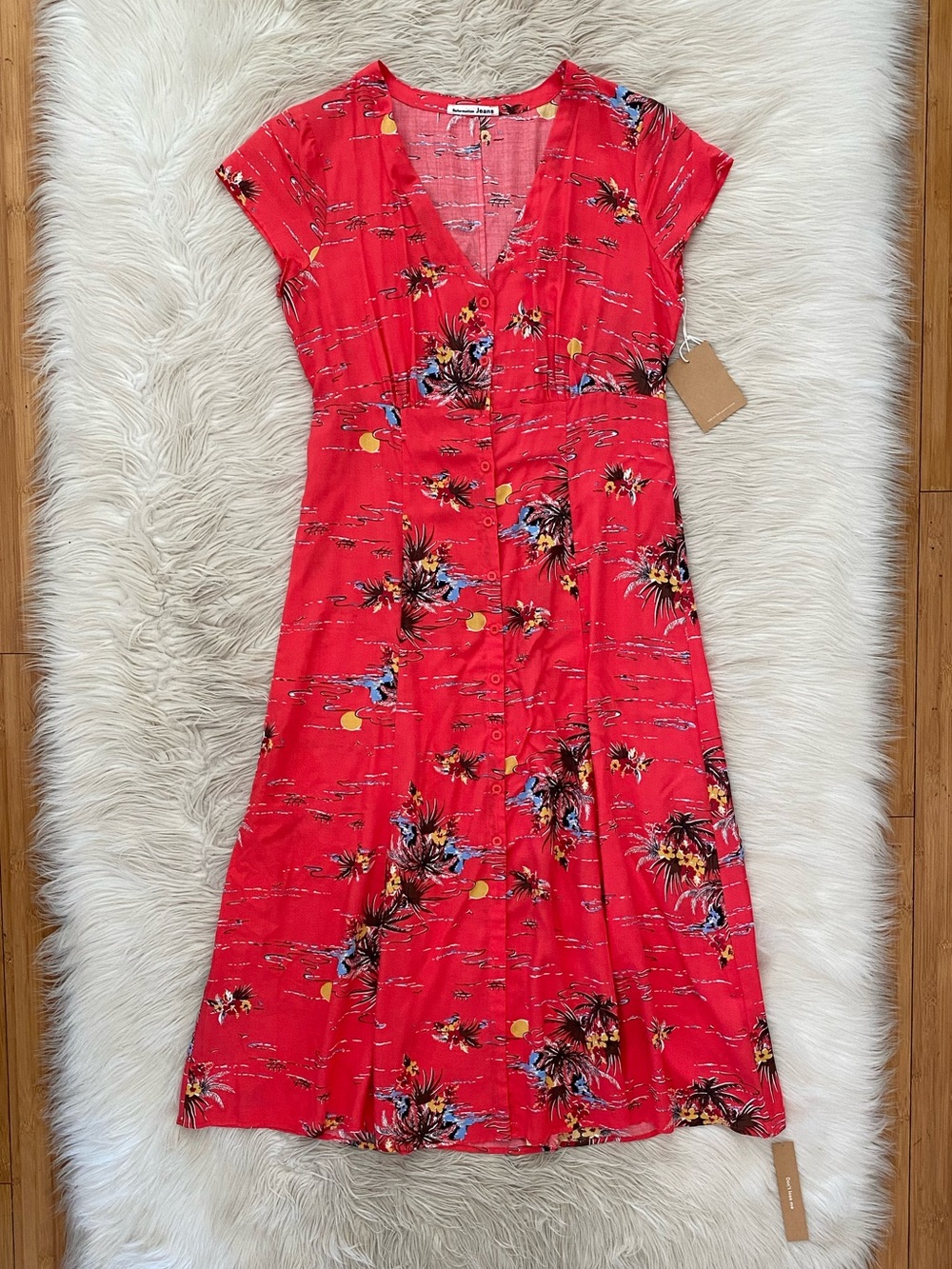 Reformation Denise Midi Dress Fuji Short Sleeve Red Tropical Hawaiian Retro M - Picture 2 of 11